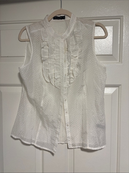 The Limited Tops - The Limited Silk & Cotton White Sleeveless Ruffle-Front Dot-Texture Blouse